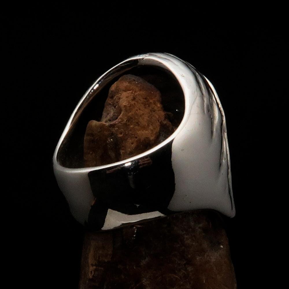 Men's Grim Reaper Skull Ring made of solid sterling silver with high polished and antiqued finish, showcasing intricate skull design.