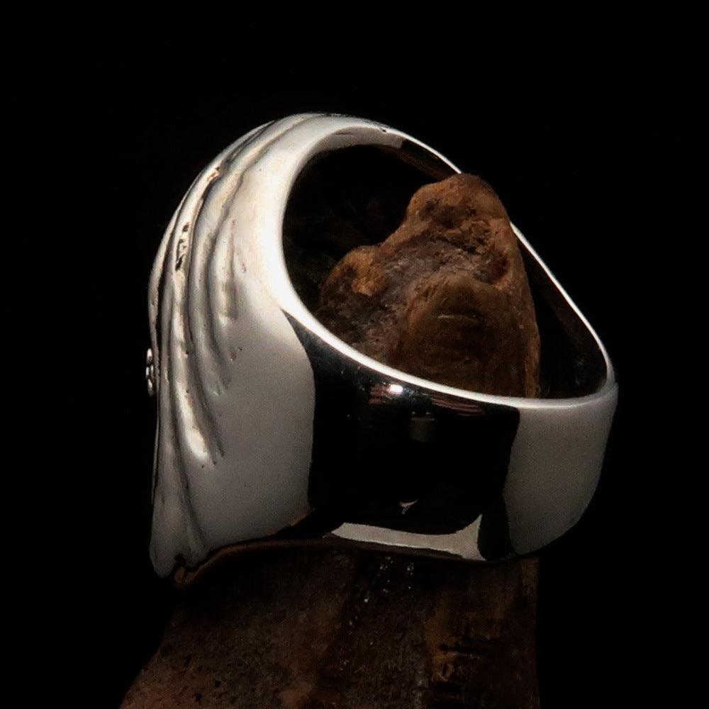 Men's Grim Reaper Skull Ring made of solid sterling silver with high polished and antiqued finish, showcasing intricate skull design.