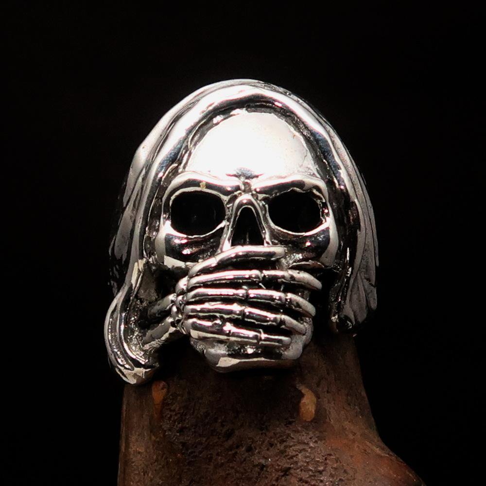 Men's Grim Reaper Skull Ring made of solid sterling silver with high polished and antiqued finish, showcasing intricate skull design.