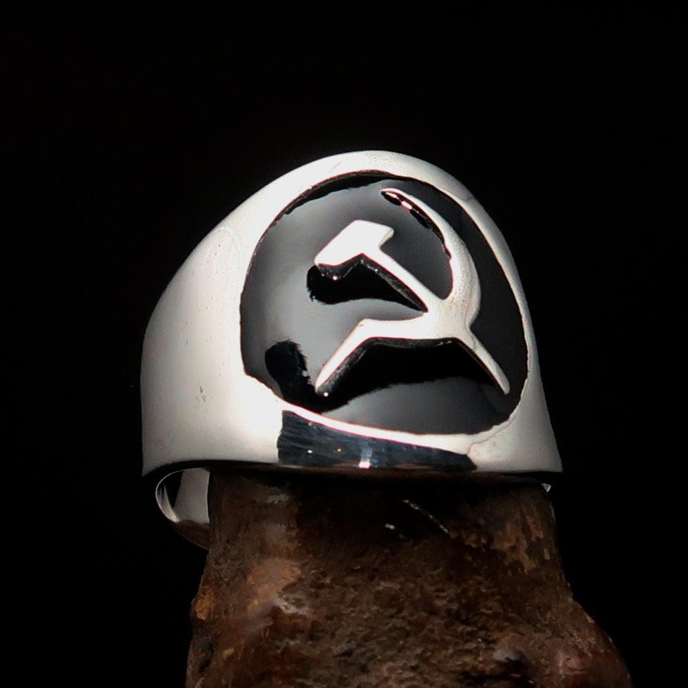 Men's Hammer and Sickle Crest Ring in polished sterling silver with black enamel finish, showcasing a unique design.