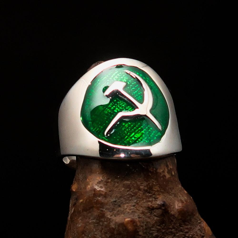 Men's Hammer and Sickle Crest Ring in sterling silver with green enamel, showcasing intricate design and high polish.