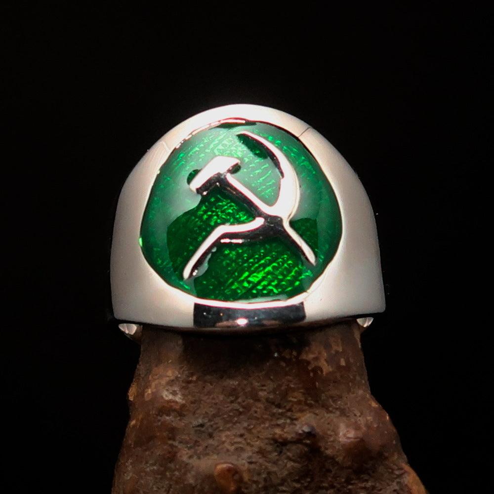 Men's Hammer and Sickle Crest Ring in sterling silver with green enamel, showcasing intricate design and high polish.
