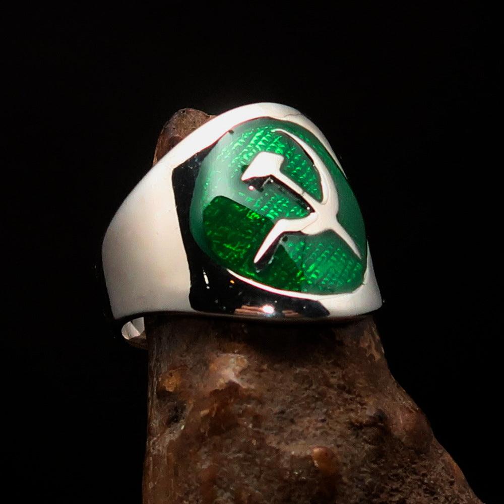 Men's Hammer and Sickle Crest Ring in sterling silver with green enamel, showcasing intricate design and high polish.