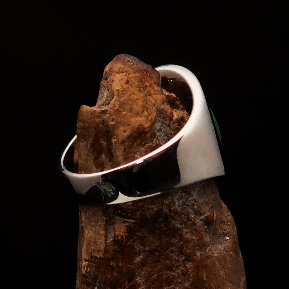 Men's Hammer and Sickle Crest Ring in sterling silver with green enamel, showcasing intricate design and high polish.