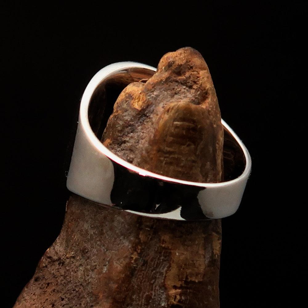 Men's Hammer and Sickle Crest Ring in sterling silver with green enamel, showcasing intricate design and high polish.