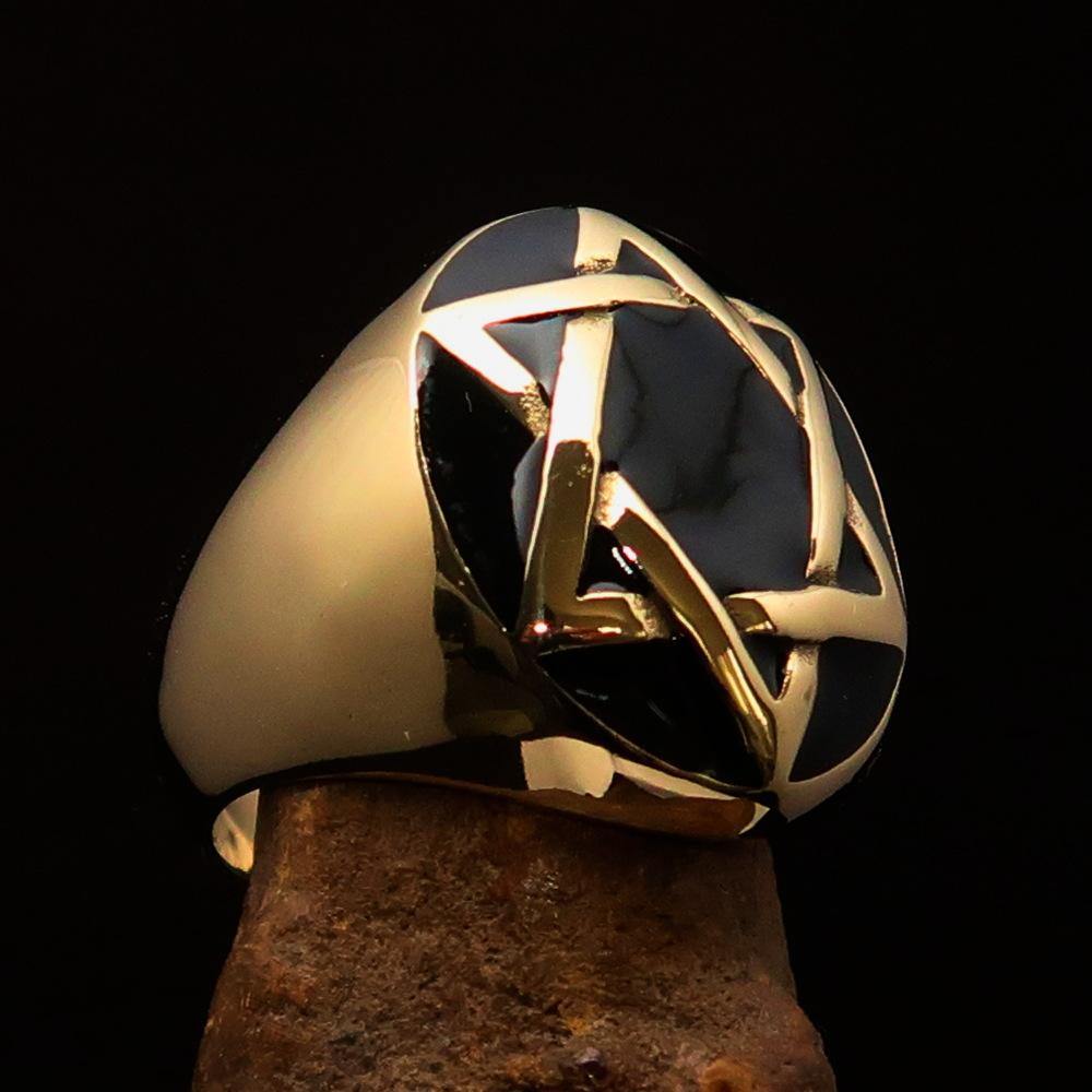 Men's Hebrew Ring featuring a black Star of David, crafted from solid brass with a high polished finish and solid back.