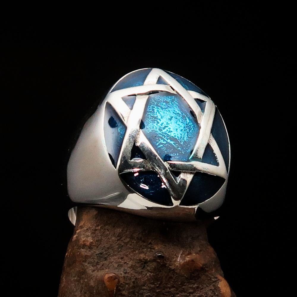 Men's Hebrew Ring in sterling silver featuring a blue Star of David, high polished with enamel finish.