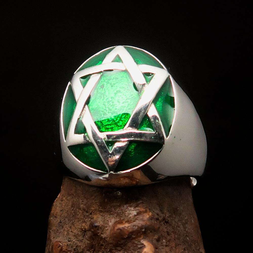 Men's Hebrew Ring featuring a green Star of David, crafted from solid sterling silver with a high polished enamel finish.
