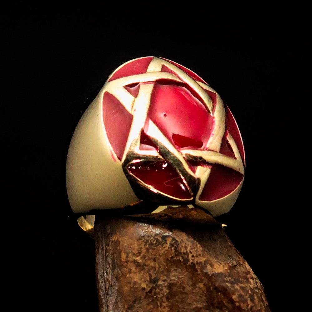 Men's Hebrew Ring made of solid brass featuring a red Star of David design, polished with enamel for a vibrant finish.