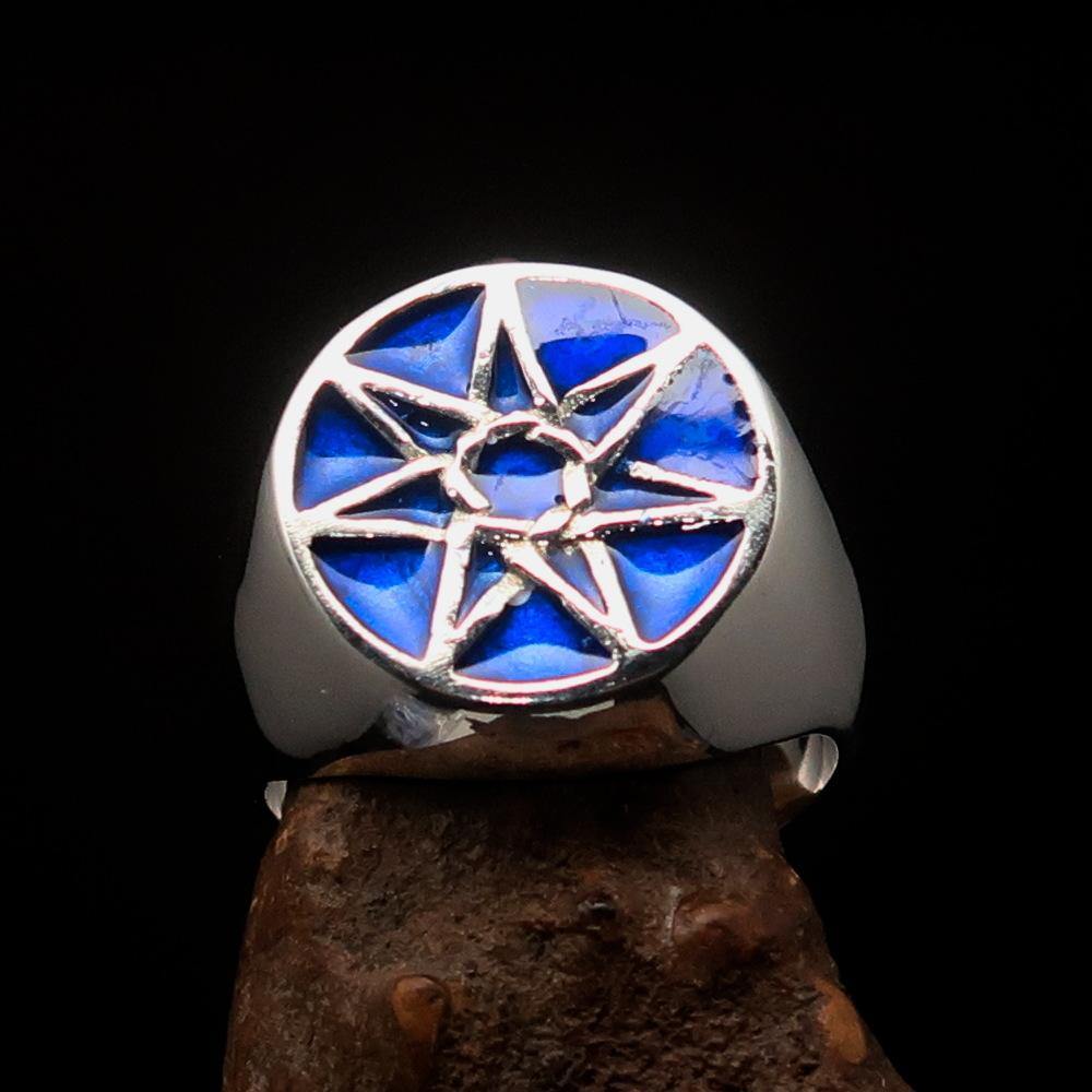 Men's Heptagon Ring made of solid sterling silver with a blue enamel finish, featuring a unique seven-sided design.
