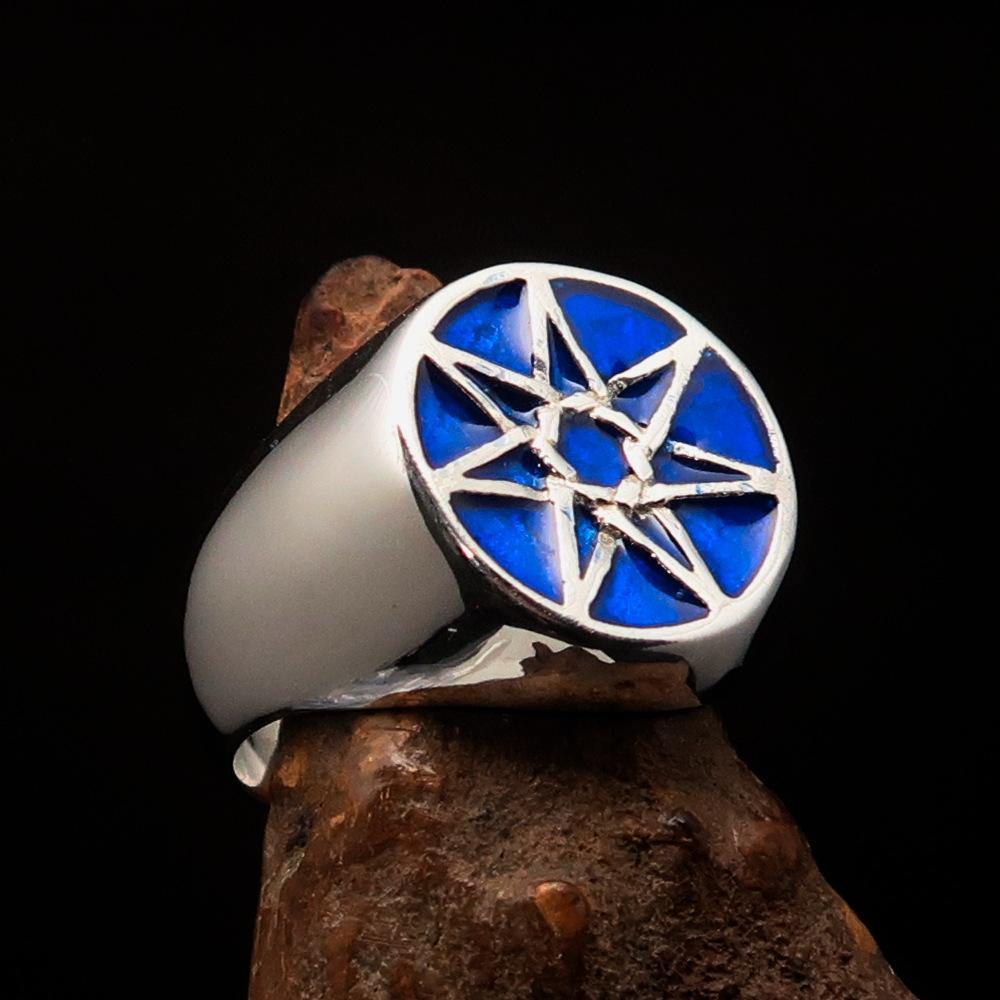Men's Heptagon Ring made of solid sterling silver with a blue enamel finish, featuring a unique seven-sided design.