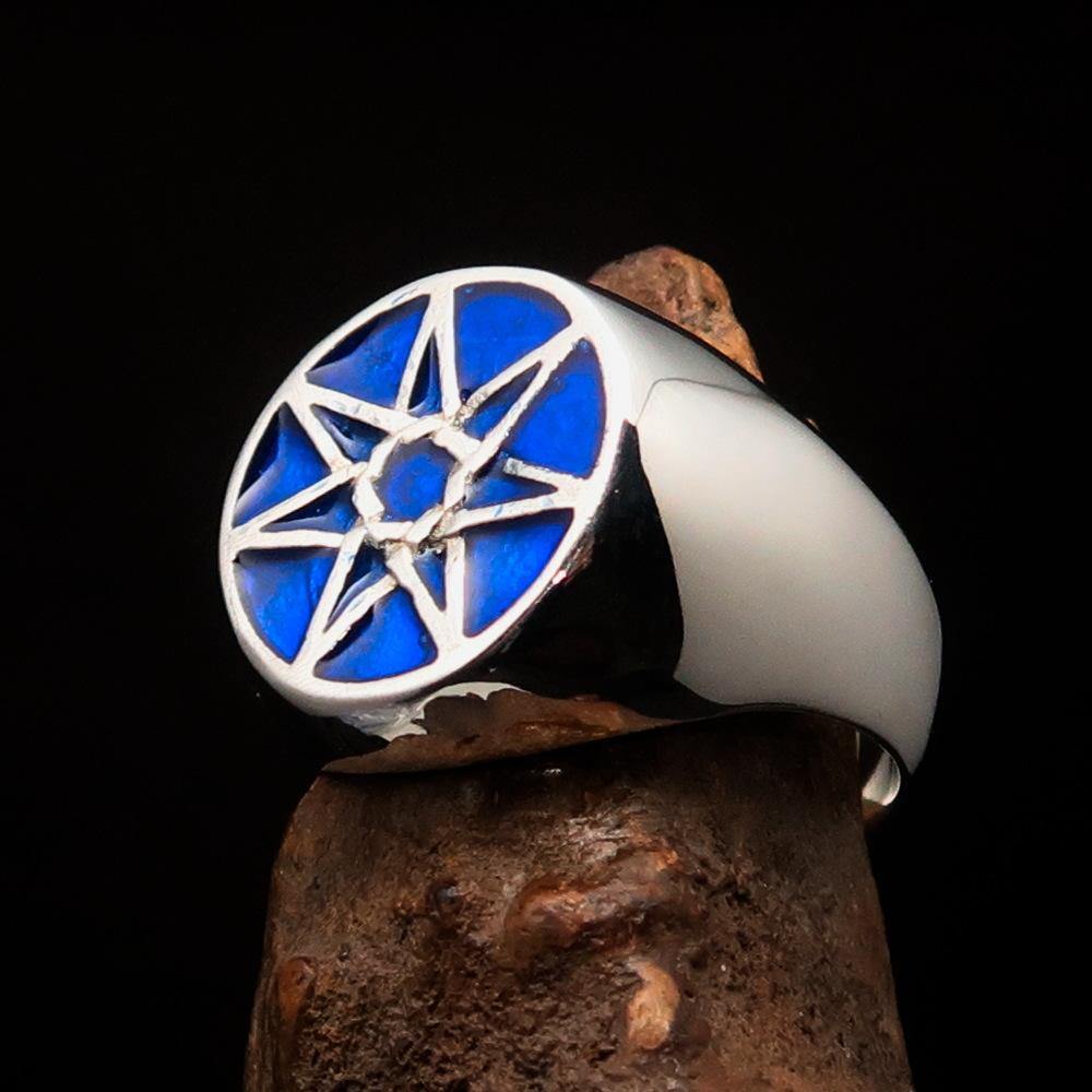 Men's Heptagon Ring made of solid sterling silver with a blue enamel finish, featuring a unique seven-sided design.