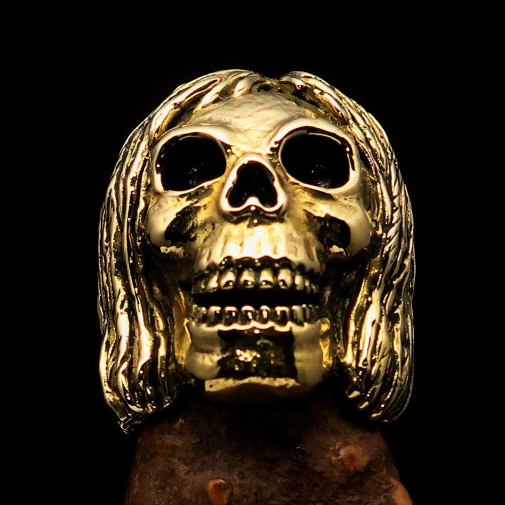 Men's Hippie Skull Ring made of solid brass, featuring an antiqued and polished finish, showcasing intricate skull design.