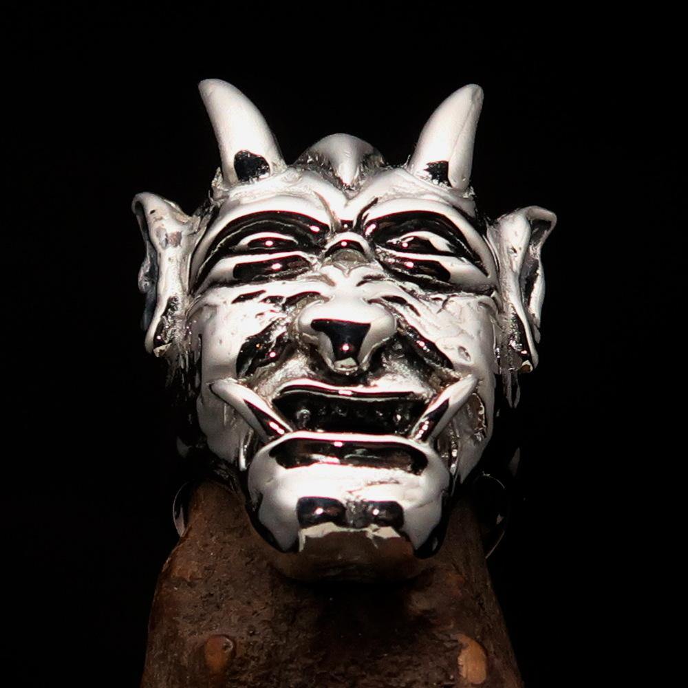 Men's horned Devil Ring made of antiqued sterling silver, showcasing intricate horned design and polished finish.