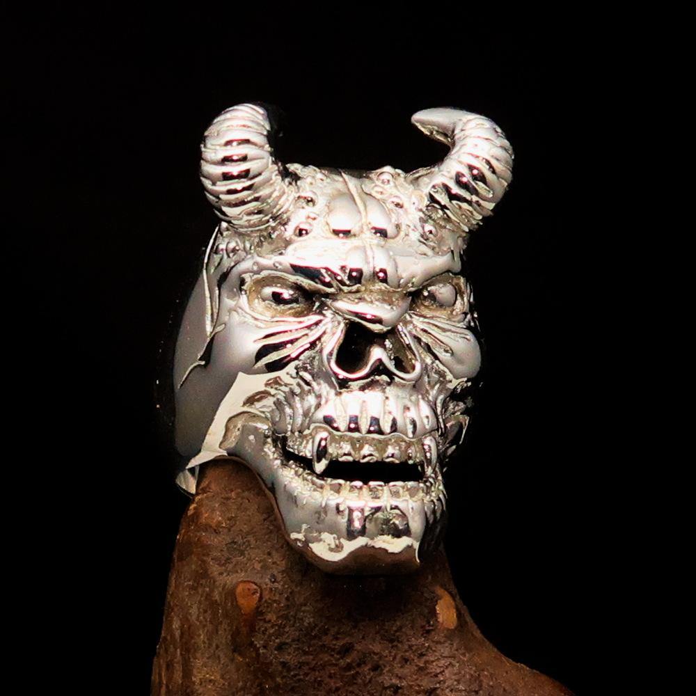Men's horned devil ring made of mirror-polished sterling silver, showcasing intricate design and high-quality craftsmanship.