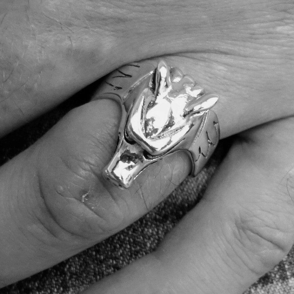 Men's Jackal Costume Ring featuring Anubis, crafted from solid brass with an antique finish, showcasing intricate details.