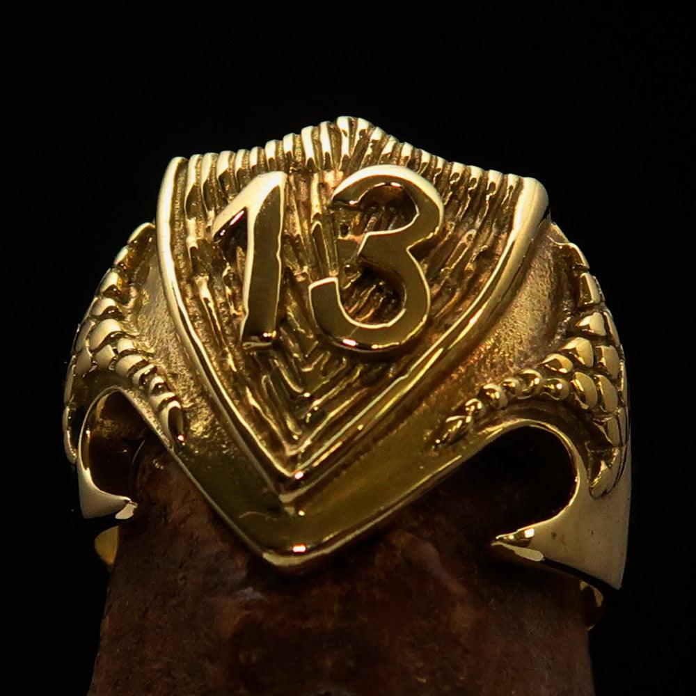 Excellent Crafted Men's Lucky Number 13 Shield Ring made of solid brass with a high-polished finish, showcasing its unique design.
