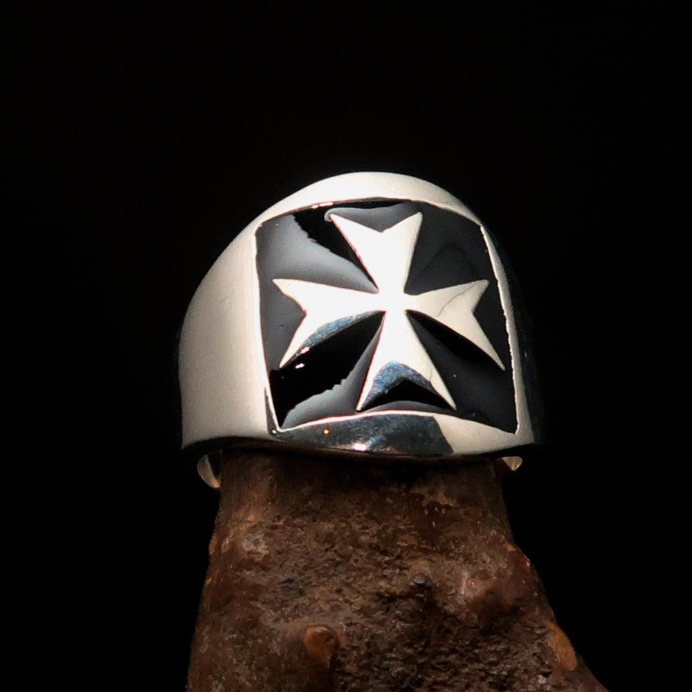 Men's Maltese Cross Biker Ring made of solid sterling silver with a black enamel finish, showcasing a high-polished surface and intricate design.
