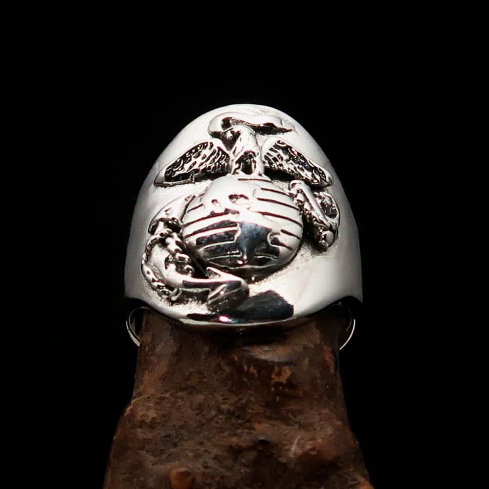 Men's Marine's Military Ring made of solid sterling silver, featuring an antiqued and mirror polished finish, showcasing its quality craftsmanship.