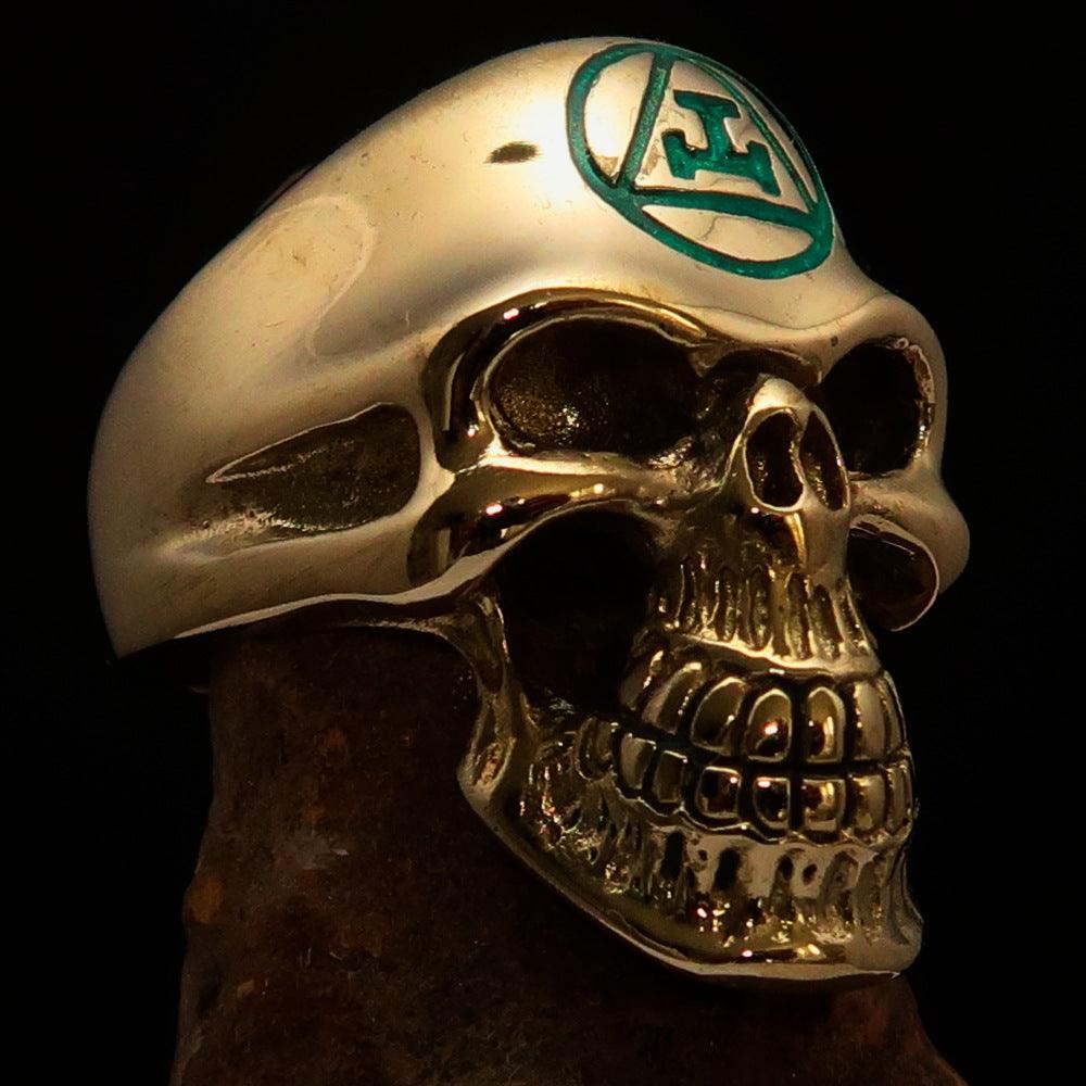 Men's Masonic Ring featuring a green Archer Skull design, crafted from solid brass with a high polish finish.