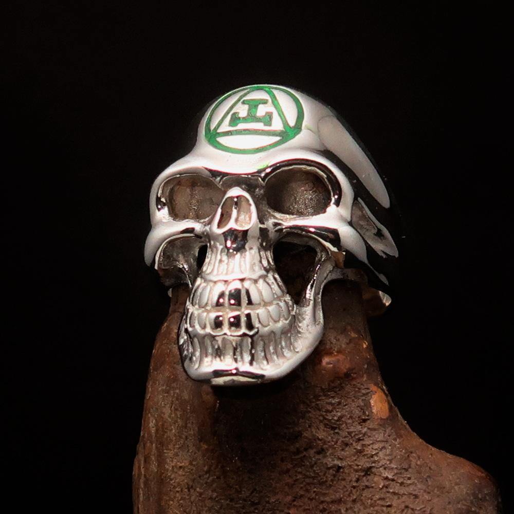 Men's Masonic Ring featuring a green Archer Skull design, crafted from solid sterling silver with a high polish finish.