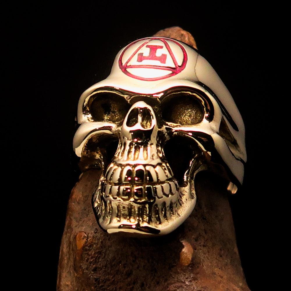 Men's Masonic Ring featuring a polished red Archer Skull design, crafted from solid brass, showcasing intricate details and a high shine finish.