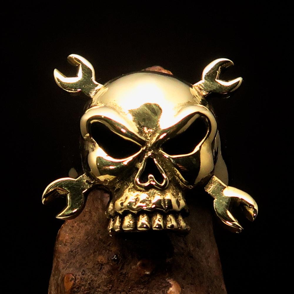 Men's Mechanic Ring Wrench Skull made of solid brass with high polished and antiqued finish, showcasing a unique wrench skull design.