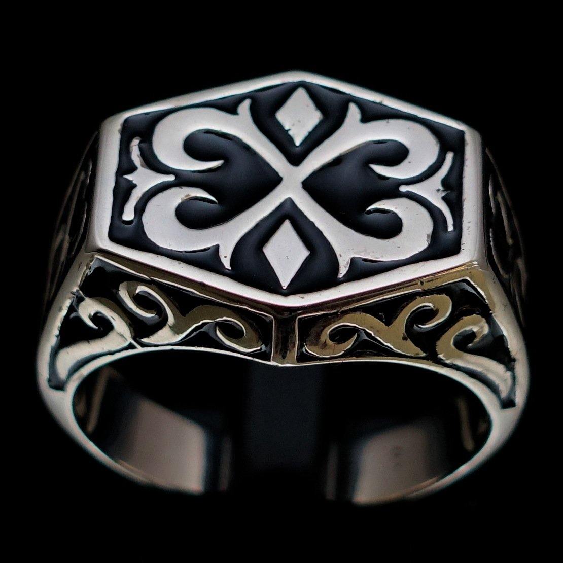 Men's Medieval Ring made of solid sterling silver featuring a black oriental crest design, polished finish, and solid back.