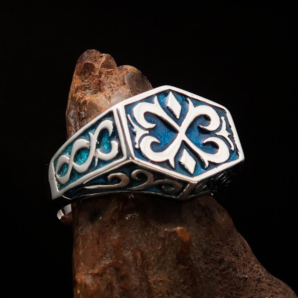 Men's Medieval Ring in sterling silver with blue oriental crest, showcasing high polish and detailed craftsmanship.