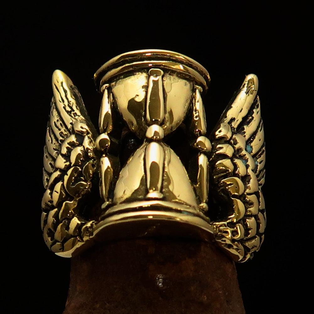 Men's Medieval Ring made of solid brass featuring a winged hourglass design, antiqued and polished finish.