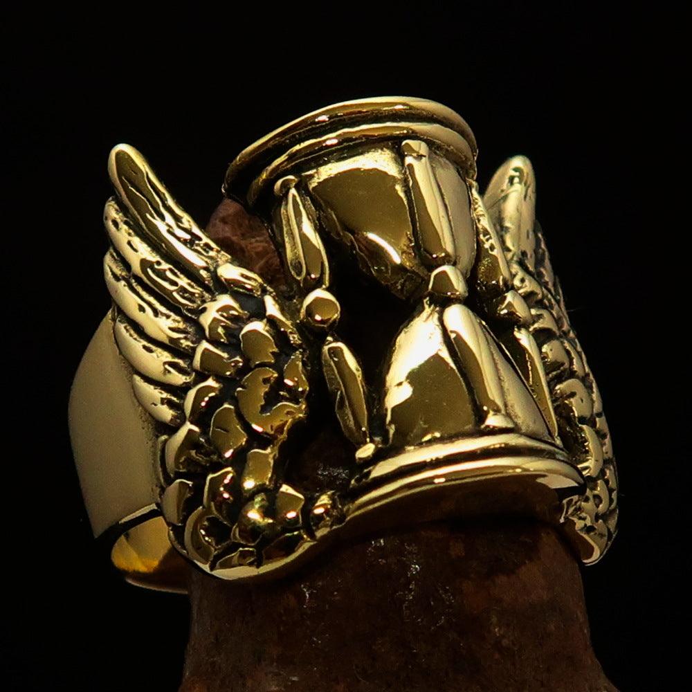 Men's Medieval Ring made of solid brass featuring a winged hourglass design, antiqued and polished finish.