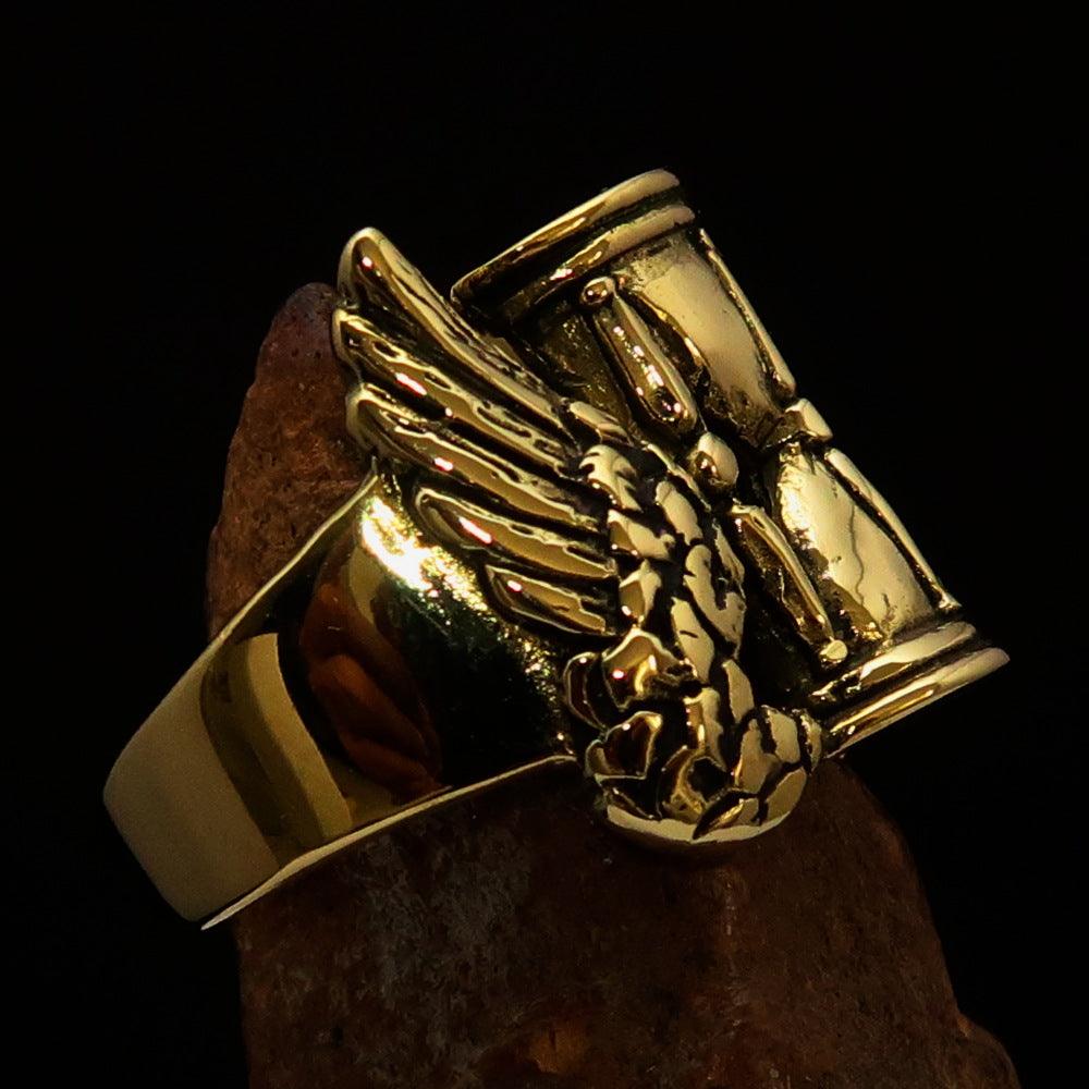 Men's Medieval Ring made of solid brass featuring a winged hourglass design, antiqued and polished finish.