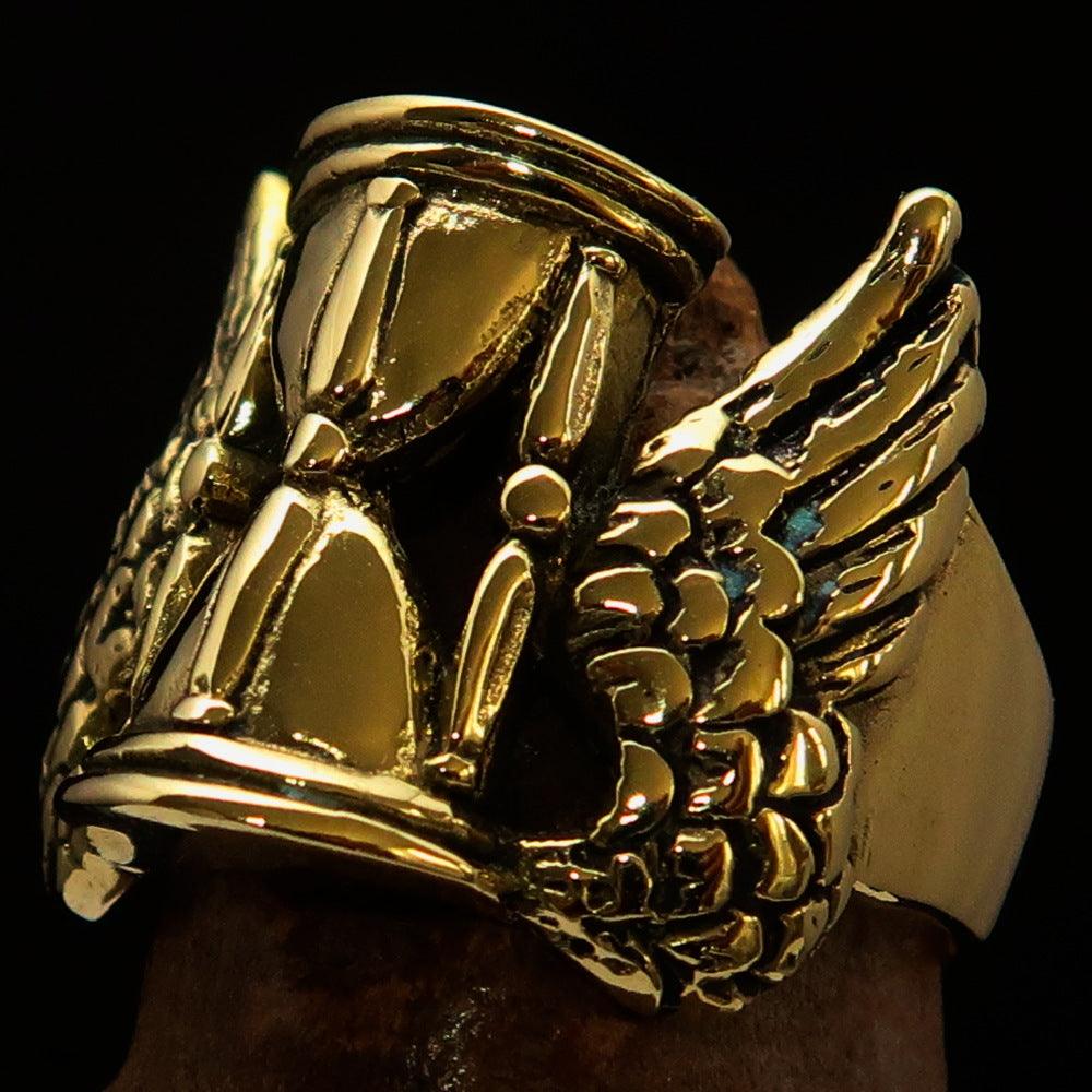 Men's Medieval Ring made of solid brass featuring a winged hourglass design, antiqued and polished finish.