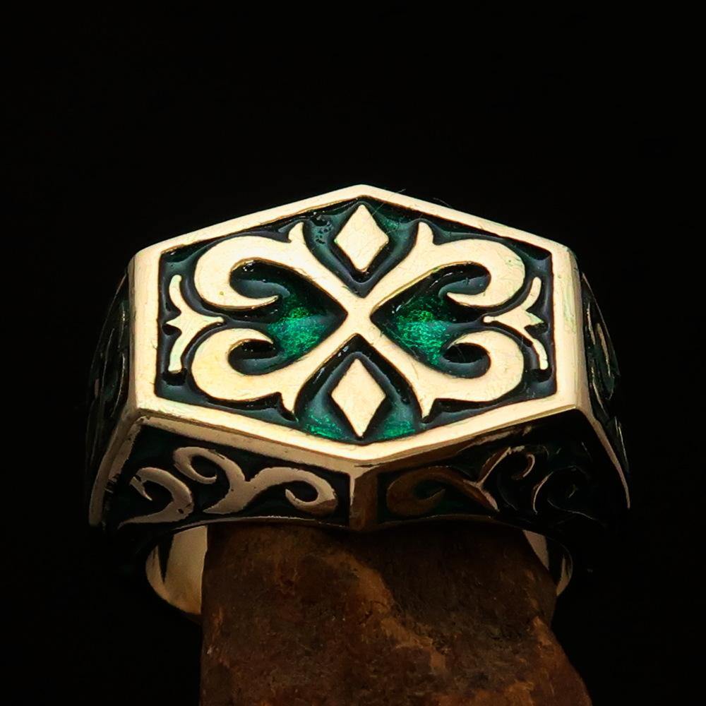 Men's Medieval Ring made of solid brass featuring a green enamel Oriental Crest design, showcasing intricate details and a polished finish.