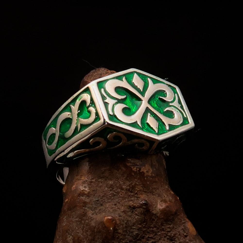 Men's Medieval Ring made of sterling silver featuring a green Oriental Crest design, showcasing high polish and enamel finish.