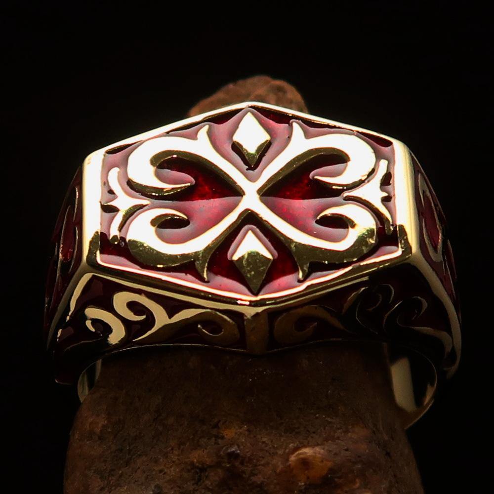 Men's Medieval Ring made of solid brass with a red oriental crest, showcasing a high-polished finish and elegant design.