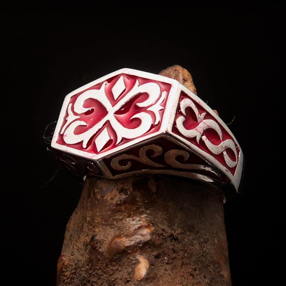 Men's Medieval Ring in sterling silver featuring a red Oriental Crest design, showcasing high polish and elegant craftsmanship.