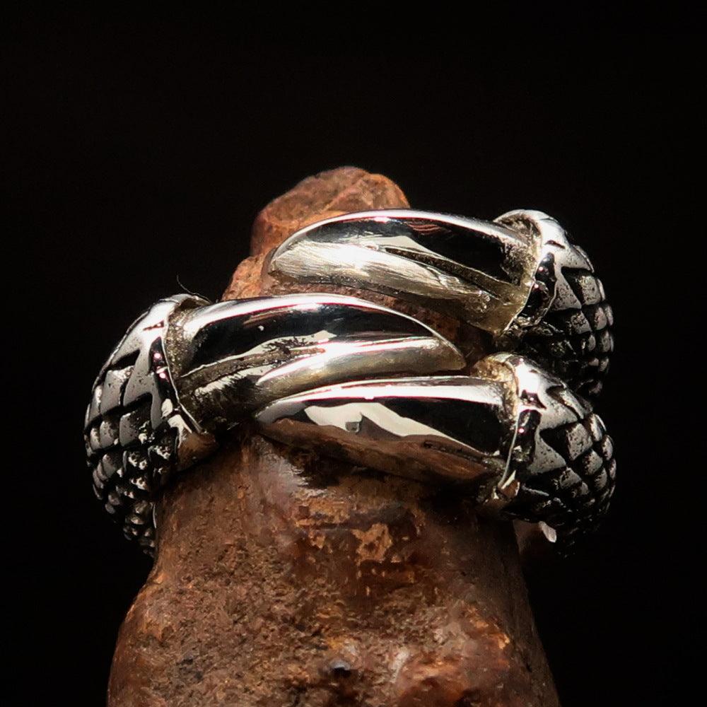 Men's Medieval Ring featuring three claw dragon foot design, crafted from sterling silver 925 with high polish and antiqued finish.