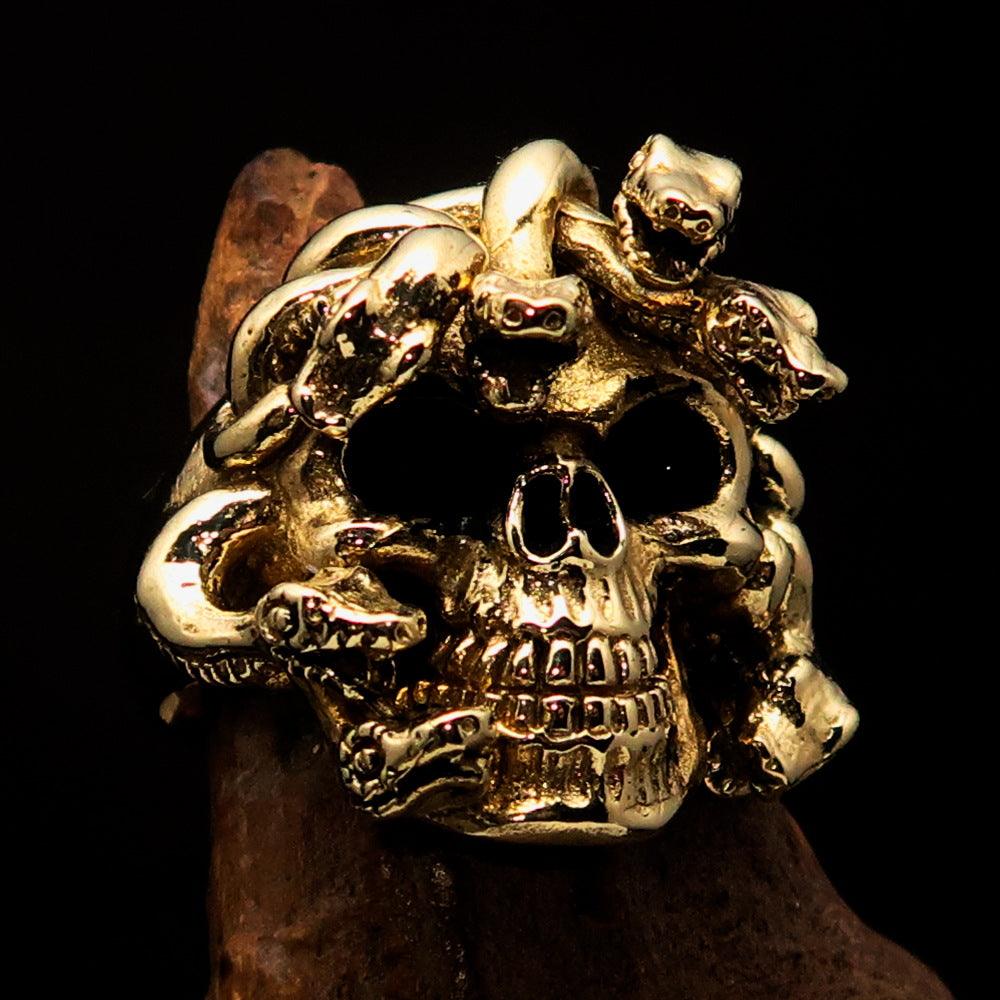Men's Medusa Snake Skull Ring in antiqued brass, showcasing intricate design and craftsmanship.