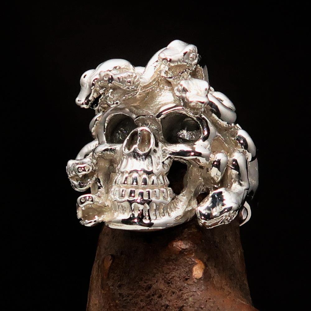 Men's Medusa Snake Skull Ring made of solid sterling silver with a mirror polished finish, showcasing intricate snake and skull design.