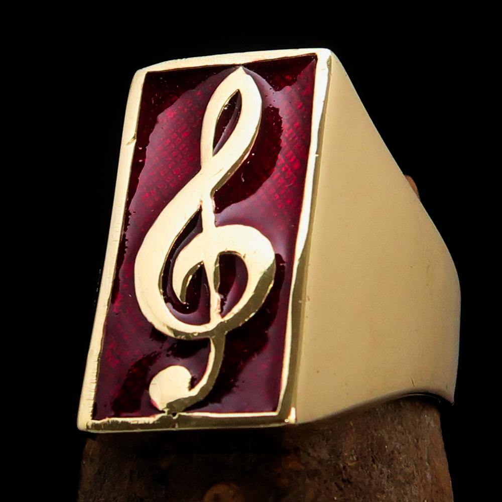 Men's Musician Ring featuring a red Treble Clef symbol, crafted from solid brass with a high polished finish and enamel.