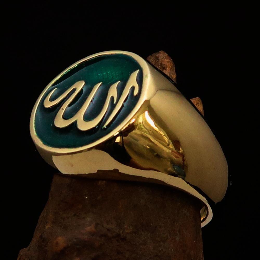 Men's Muslim ring made of solid brass featuring a green Allah symbol, high polished with green enamel finish.