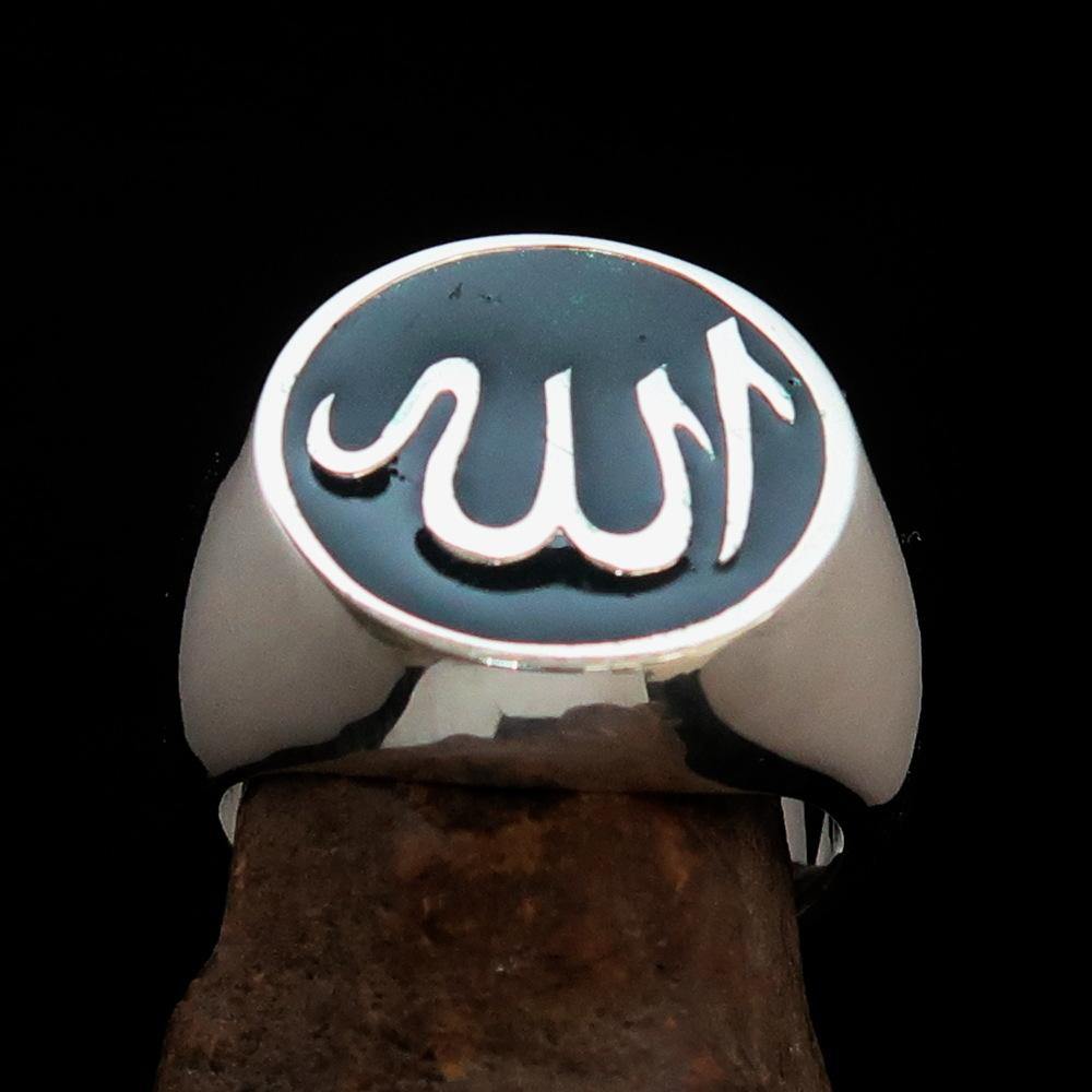 Men's Muslim ring made of sterling silver featuring a green Allah symbol, polished finish, and hallmarked 925.