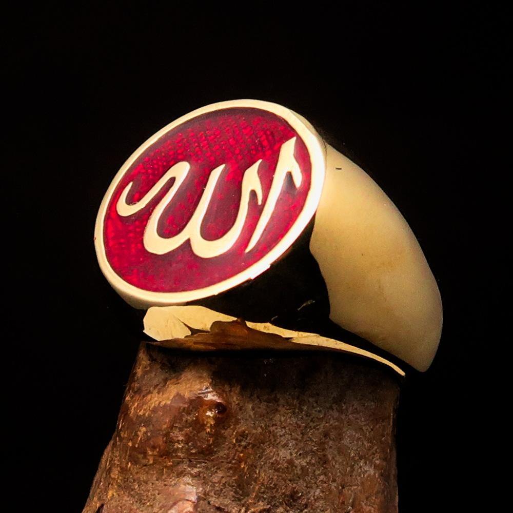 Men's Muslim ring made of solid brass featuring a red Allah symbol, high polished finish, and elegant design.