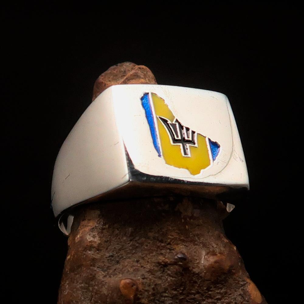 Men's National Flag Ring Barbados made of sterling silver with high polish finish and enamel detailing.