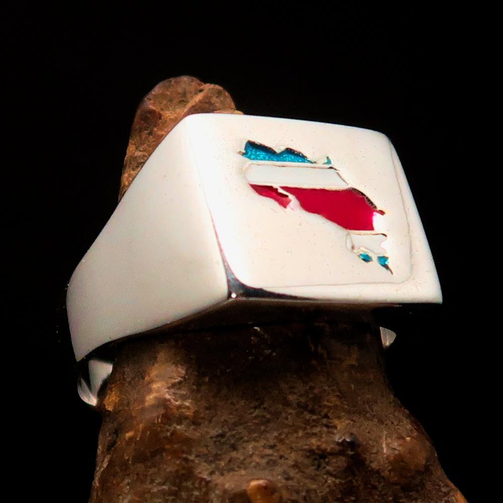 Men's National Flag Ring Costa Rica made of high polished sterling silver with vibrant enamel detailing, showcasing the national flag.