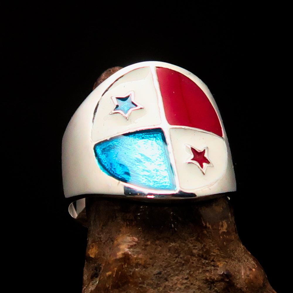 Men's National Flag Ring Panama made of high-polished sterling silver with vibrant enamel detailing, showcasing the national flag.