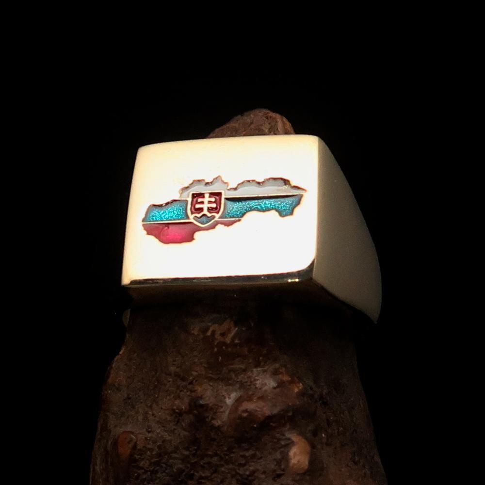 Men's National Flag Ring Slovakia made of solid brass with high polish and enamel detailing, featuring the Slovakian flag and engraved RCRN logo.
