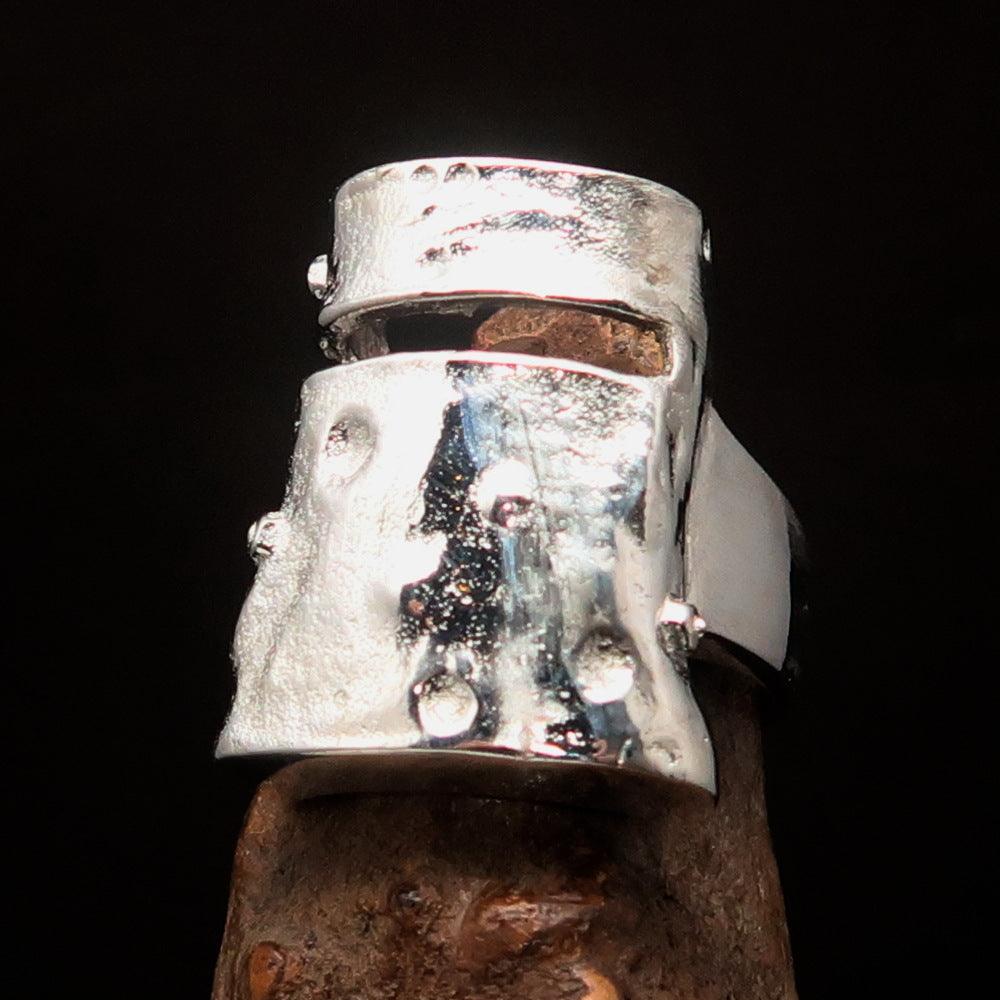Men's Ned Kelly Outlaw Ring made of solid sterling silver, featuring a mirror polished finish and hallmarked 925.