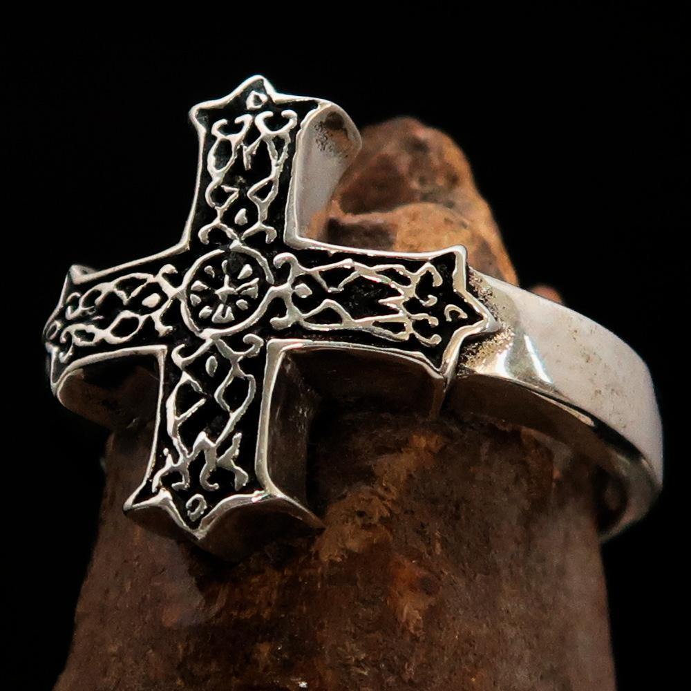 Men's ornamental Celtic Cross Ring made of solid sterling silver with an antiqued finish, showcasing intricate Celtic designs.